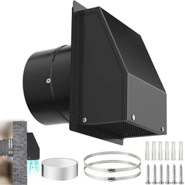 8 Inch Hooded Wall Vent with Screen and Damper, Outdoor Wall Exhaust Vent Cover Cap Kit for Exterior Kitchen Range Hood Bathroom Ventilation Dryer HVAC Duct Air Exhaust Vents, Galvanized Steel, Black