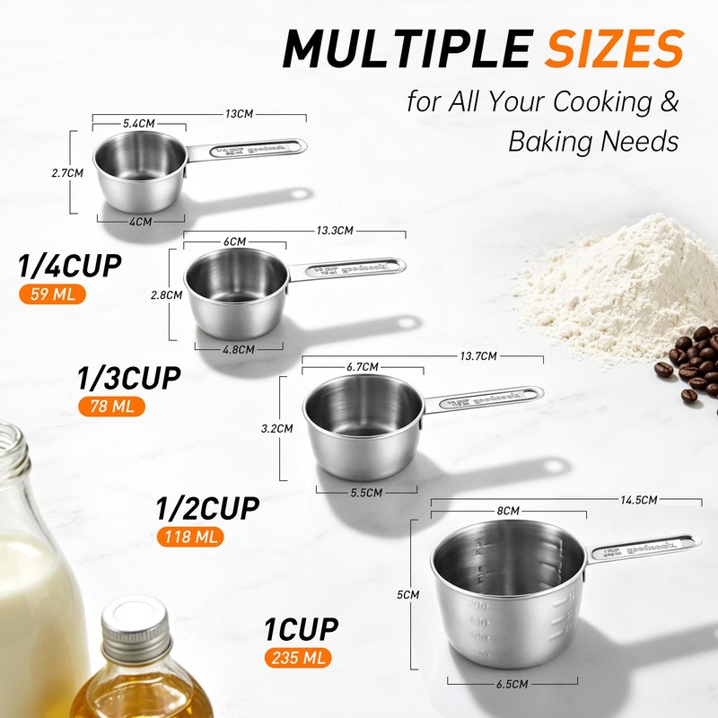 YC Kitchen Measuring Cups Set 4 Piece,Stainless Steel Metal Cups