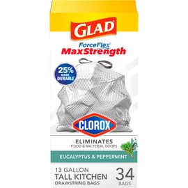 Glad ForceFlex MaxStrength with Clorox Trash Bags, 13 Gal, Eucalyptus, 34 Ct (Package May Vary)
