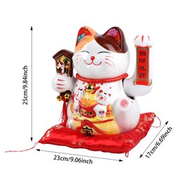 Obxquisite 9 inch Lucky Cat Statue with Waving Arm, Ceramic Feng Shui Fortune Cat Decor with Cushion, Maneki Neko Cat for Attracting Wealth and Good Luck, Store Restaurants Home Office Decor