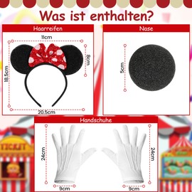 3 Pcs Mouse Accessories for Adult Costume Glitter Black Mouse Ears Headband with Red Glitter Hair Bow White Gloves and Black Mouse Nose for Mouse Outfit Fancy Dress