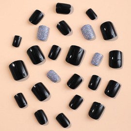 ANDGING Black Press on Nails Square Short Medium Fake Nails with Glossy Glitter Design Glue on Nails for Women Girls Acrylic False Nails with Glue Gel Stick on Nails for Wedding Birthday 24Pcs SL011