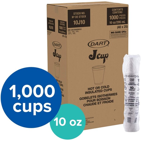 Dart DRC10J10 Styrofoam Insulated Foam Cups, 10 oz, 1000ct. (40 Packs of 25), , White