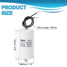 PATIKIL CBB60 20uF Laufkondensator, AC 450V 2 Drähte 50/60Hz Zylinderboden mit M8 x 13mm Schraube für Waschmaschine, Wasserpumpenmotor Star, 72 x 40mm, Weiß