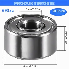 XSHAO Pack of 20 Ball Bearings 3 x 8 x 4 mm, 693ZZ Ball Bearings Miniature Double Shield Bearing Deep Groove Ball Bearing for Lathes / Motors / 3D Printers / Quadcopters or Models