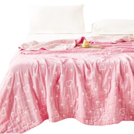 MEJU Love Star Moon Pink Heart Girls Muslin All Season Blanket Decorative for Bed Sofa Couch 100% Cotton 3 Layer Soft Warm Reversible Bedspread Throw Blanket Bed Coverlet Sheet Twin 60 in x 80 in