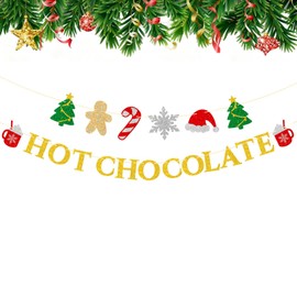 jijAcraft Christmas Hot Chocolate Banner – Pre-Strung Glitter Gold Christmas Garland, Hot Chocolate Bar Supplies, Banner Set with Cocoa Cups, Trees, Gingerbread, Snowflakes - Holiday&Winter Party Decorations