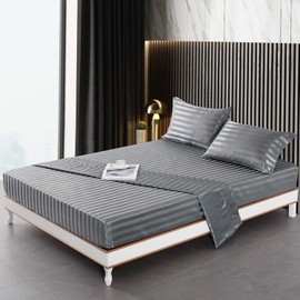 Lanest Housing Satin-Silk Sheets Twin Size Bed Set, Dark Grey Soft Cooling Deep Pocket Sheets, Hypoallergenic, Wrinkle and Fade Resistant Bedding Set, 3 Piece, Striped