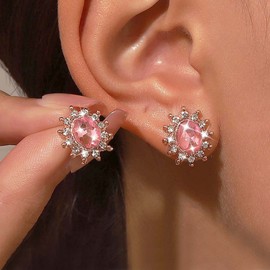 TseenYi Pink Oval Onyx Earrings Boho Pink Crystal Stud Earrings Vintage Pink Gemstone Earrings Oval Gemstone Earrings Pink Onyx Earrings Jewellery for Women and Girls Gifts (Rose Gold)