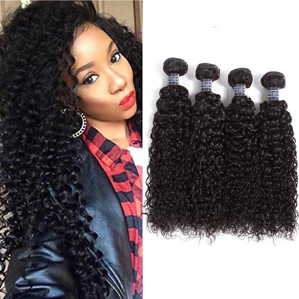 Amella Hair 100% Unprocessed Brazilian Curly Virgin Hair 4 Bundles 8A Brazilian Kinky Curly Virgin Hair Human Hair Extensions Natural Black Color(16 18 20 22)