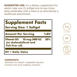 SOLGAR Vitamin D3 (Cholecalciferol) 250 mcg (10,000 IU) - 100 Softgels - Helps Maintain Bones & Teeth - Immune System Support - Non-GMO, Gluten Free, Dairy Free - 100 Servings