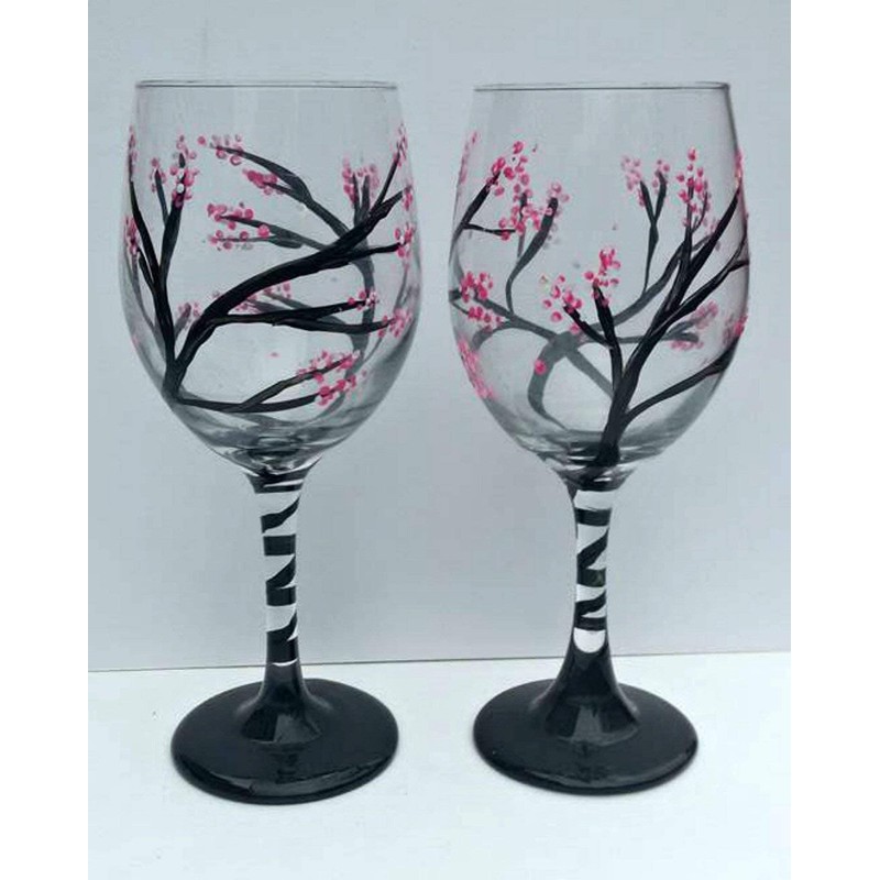 2 Pink Cherry Blossom Tree Stemmed Wine Glasses