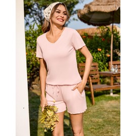 Bresdk Pyjamas for Women,V-Neck Soft Womens Summer Pjs Sets Cotton Short Sleeve Sleepwear with Pockets Drawstring(Pink,L)