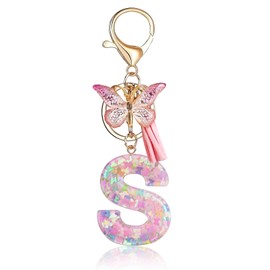 Fmeida Initial Letter Keychains for Women – Pink Key Ring with Tassel & Butterfly Charm, S