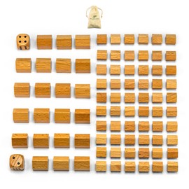 Waldfelsen® Wooden Toy Figures: 60 Blank Houses, 22 Blank Hotels and Two Eye Cubes with Cloth Bag | Blank Game Material