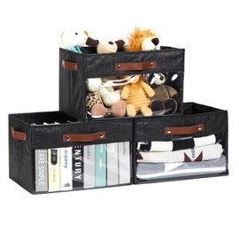 HNZIGE Rectangle Large Storage Bins for Shelves with Clear Window, Collapsible Storage Bin Baskets for Shelves 3 Pack, Decorative Shelf Storage Organizer Bin for storage Toy, Home(Black 15 x 11 x 9.5)