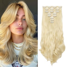 Gairyan Clip-In Hair Extensions, Synthetic Hair Pieces, Hair Extensions, Clips, 45 cm, Curly Wavy Long Synthetic Hair for Women (Bleached Blonde)