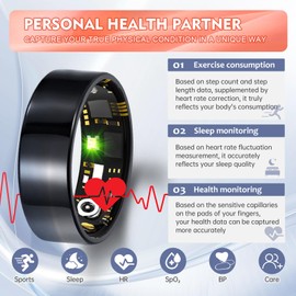 Smart Ring Health Tracker for Women Men, Sleep Tracker with Heart Rate,SpO₂,Blood Pressure, Fitness Ring for Activity Monitoring, No Subscription, Step Tracker Ring for ios&Android (Black, #10)