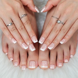 48 Pcs White French Tip Press on Nails Short & Press on Toenails Set Square Solid Color Fake Toe Nail Designs Press ons Nail Art Full Cover False Toe Nails Stick on Nails Kit for Women Nail Art