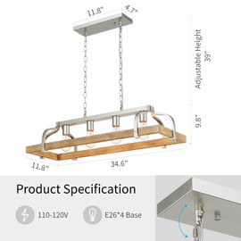 WUZUPS 4-Light Metal Pot Hanging Rack Chandelier Imitation Light Wood Grain Linear Pendant Ceiling Lighting Rustic Farmhouse Fixture Kitchen Island Dining Room, H 9.8" L 34.6" W11.8, E26 Base, Nickel
