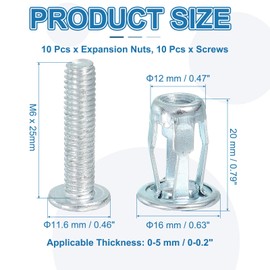 PATIKIL Expansion Screw Petal Nuts M6 x 25 mm, Pack of 10 Jack Nut Petal Shape Rivet Nut Insert Nuts Fasteners with Screws Mounting for Hollow Wall Thin