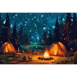 8X6FT Forest Scene Camping Backdrop, Camping Photography Background for Children Adults, Happy Camping Party Banner Decorations, Campfire Tent Photo Shoot Backdrops (Polyester)