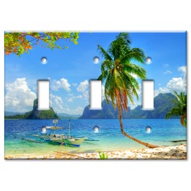 Art Plates 3-Gang Toggle OVERSIZED Switch Plate - OVER SIZE Decorative Metal Wall Plate - Catamaran Tied off on the Beach - (Made in USA)