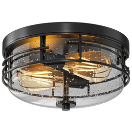 DWVO Industrial Flush Mount Ceiling Light Fixtures, 2-Light Farmhouse Metal Cage Ceiling Lights Fixture with Seeded Glass Shade (Wide Edge w/Black Lamp Head)