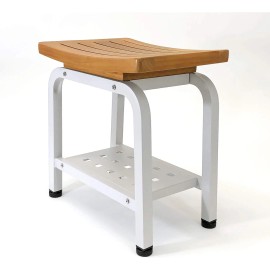 Anthology Spa Bali Shower Bench Teak & Aluminum Bath Stool Chair Side Table Light Grey