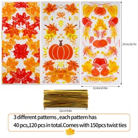 DIYASY Fall Cellophane Treat Bags,120 Pcs Autumn Maple Leaves Pumpkin Candy Bags with Twist Ties for Thanksgiving Party Favor and Holiday Goodies Wrapping