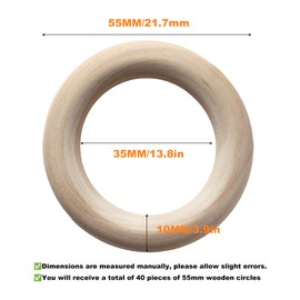 WELHAEPI Wooden Rings for Crafts, Pack of 40 Wooden Rings, Natural Wood Macrame Rings, Unfinished Wooden Rings for DIY Jewellery, Bracelet, Macrame Pendant, Hanging Decoration Rings - 55 mm