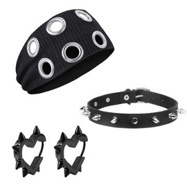 JDRGJTH 3 PCS Goth Punk Jewelry Accessories for Women - Hollow Out Eyelets Elastic Headband, Heart Earrings and Spiked Leather Choker Necklace for Men Women Y2K Emo Grunge Jewelry Accessory