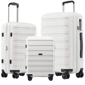 GinzaTravel 3-piece set white color luggage with scratch-resistant PP material, expandable(（all 20 24 28), Super light, thickened, large-capacity double seal suitcase