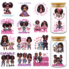 Rngmsi UV DTF Cup Wrap - 16 Sheets Black Girl UV DTF Cup Wraps for 16 oz Glass, Inspirational Quote Uvdtf Stickers for Water Botters, Cute Dog Bow Waterproof Rub on Transfer Decals, DIY Crafts
