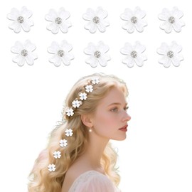 10 Pieces Mini Flower Hair Clips with Rhinestones - White Wedding Hair Clips, Cute Bridal Hair Accessories for Women & Girls, Decorative Hair Accessories for Wedding, Party & Daily Life