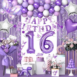 16th Purple Birthday Decorations for Girls, Purple Pink 16th Birthday Decorations Butterfly Theme Lavender Party Decor Set with Butterfly Stickers and Happy Birthday Banner, Number Balloons, Swirls