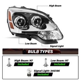 Bingbingmotor BRYGHT Fits for 2007 2008 2009 2010 2011 2012 GMC Acadia Halogen Headlight Assembly Dual Projector 07-12 OE Style Repacement Right Passenger Side, Chrome Housing Bulbs Included