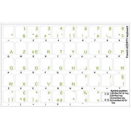 French AZERTY Keyboard Stickers with Green Lettering ON Transparent Background for Desktop, Laptop and Notebook