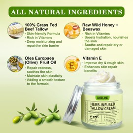 Beef Tallow Honey Balm, Beef Tallow Skin Care, Organic Grass Fed Tallow Face Cream & Moisturiser, All Natural Moisturizer Hydrating Whipped Tallow Balm, Deeply Moisturizing for Face & Body 4.2Oz