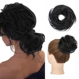 SLEEKALON Human Hair Messy Bun Hair Piece 100% Real Straight Hair Bun Scrunchies for Women Chignon Updo Black Hair Bun Extensions Elegant Donot Thick Bun Hairpiece with Elastic Band (Jet Black)