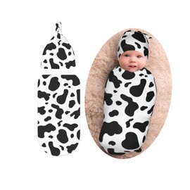 Cow Print Baby Stuff Swaddle Blankets Beanie Hat Sets, Soft and Stretchy Newborn Blanket Swaddle Sack for Baby Shower Infant Boy and Girl