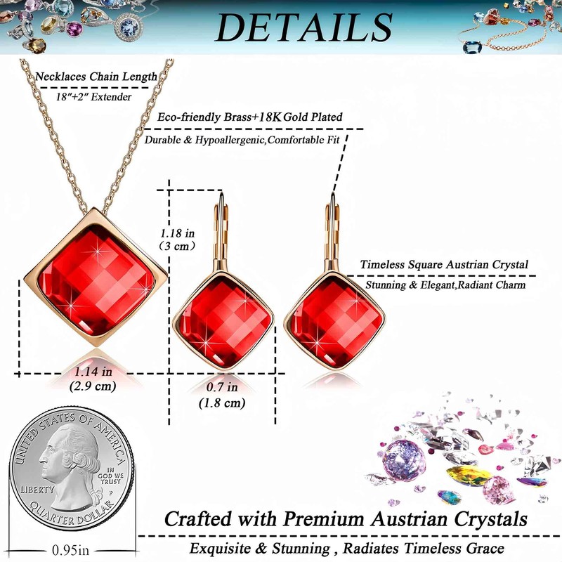 EVEVIC Square Austrian Crystal Necklace Earrings for Women Fashion 18K