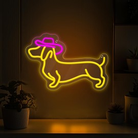 Dachshund Neon Sign, Dog Neon Light, Wall Decor Dimmable Cute Puppy with Cowboy Hat Animal Light Up Sign for Pet Shop Bedroom Teen Room present Young Party Decoration Valentine's Day Gift