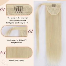 Tinashe Ponytail Extension Human Hair 100% Remy Human Hair Wrap Around Ponytail Hair Extension Bleach Blonde 18inch 85g Long Straight Clip in Pony Tail Hair Piece with Magic Paste For Women (#613, 18inch)