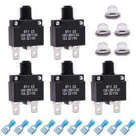 mxuteuk 5Pcs 10Amp Circuit Breakers Push Button Manual Reset 125/250V AC 32V DC,Overload Protector Switch Thermal Circuit Breakers with Quick Connect Terminals and Waterproof Button Caps ST1-5-10A