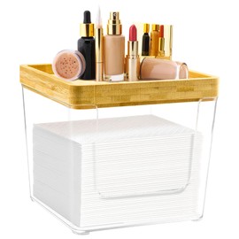 GRETJOB Disposable Face Towel Holder Box, Acrylic Facial Container for XL Clean Skin Club, Large Storage With Bamboo Lid Towel Organizer Container for Bathroom, Vanity Makeup, Clear