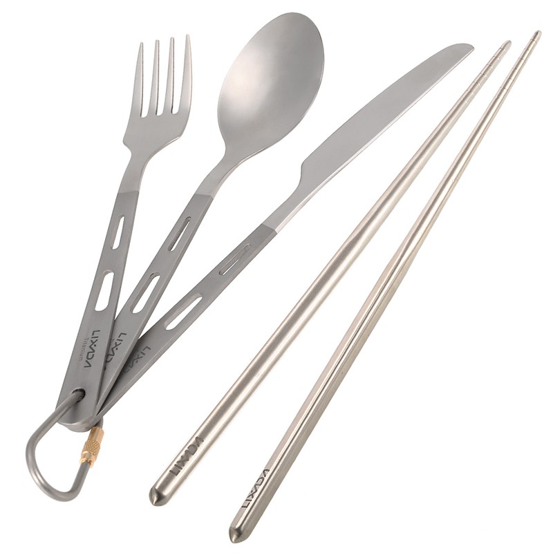 4pcs Titanium Tableware Camping Fork Spoon Cutter Chopsticks Ultra Light