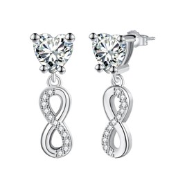 J.MUEN Infinity Earrings Women's 925 Sterling Silver Stud Earrings with Heart Zirconia Earrings for Women with Jewellery Gift Box, Silver, Cubic Zirconia