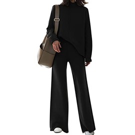 Viottiset Women's 2 Piece Outfits Sweater Set Wide Leg Pants High Neck Sweatsuit Fall Winter Knit Loungewear Black M