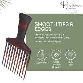 Parcelona French Afro Wide Shell Brown Large 5” Celluloid Set of 2 Salon Style Detangle Hair Styling Hair Pick Combs for Wet or Dry Hair
